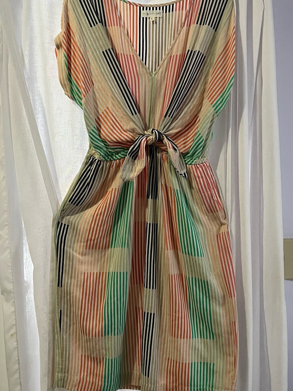 LOFT Multicolor Striped Tie-Front Midi Dress